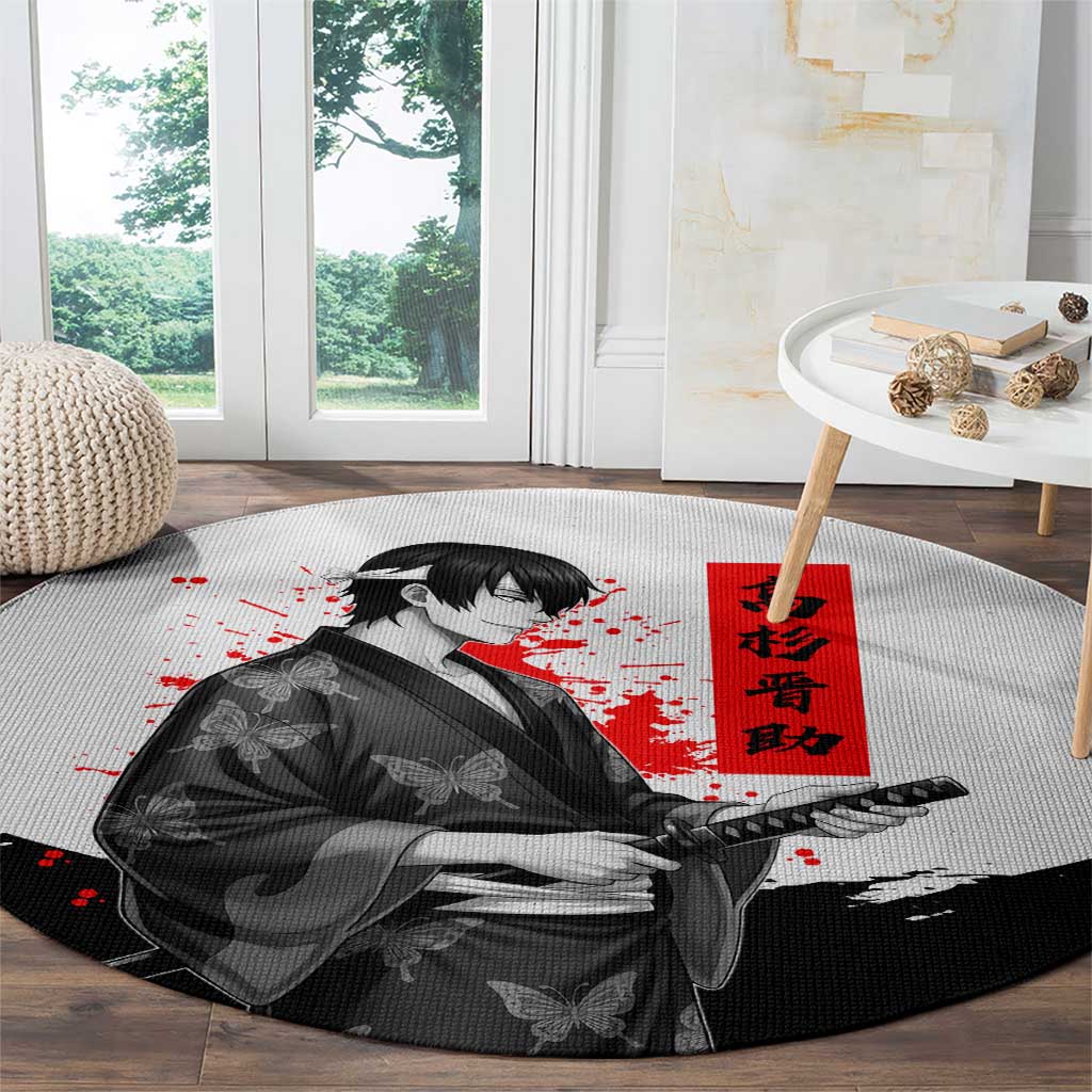 Shinsuke Takasugi Gintama Samurai Design Round Carpet with Katana, Red Calligraphy and Oni Mask Art - The Mazicc