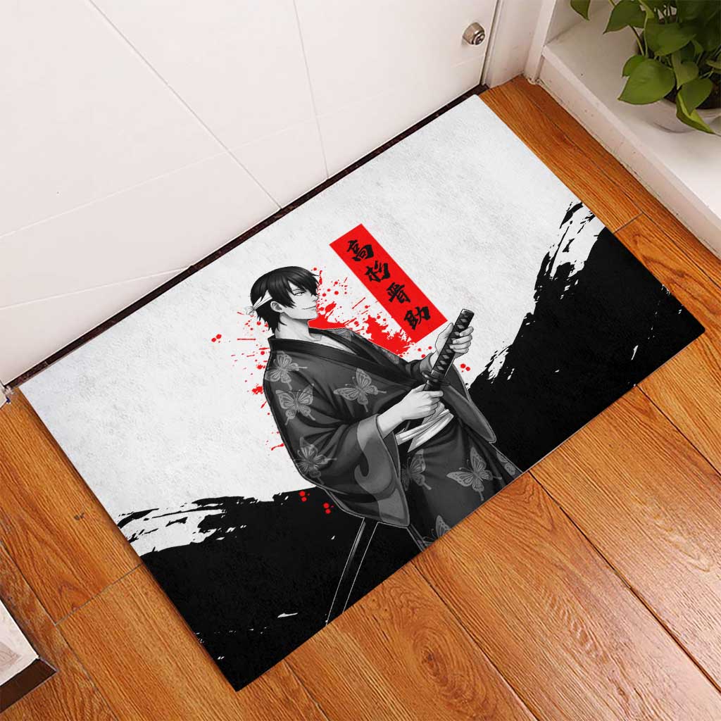 Shinsuke Takasugi Gintama Samurai Design Rubber Doormat with Katana, Red Calligraphy and Oni Mask Art - The Mazicc