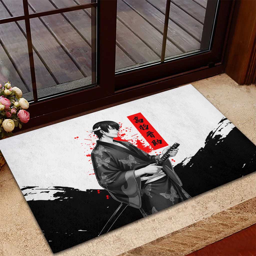 Shinsuke Takasugi Gintama Samurai Design Rubber Doormat with Katana, Red Calligraphy and Oni Mask Art - The Mazicc