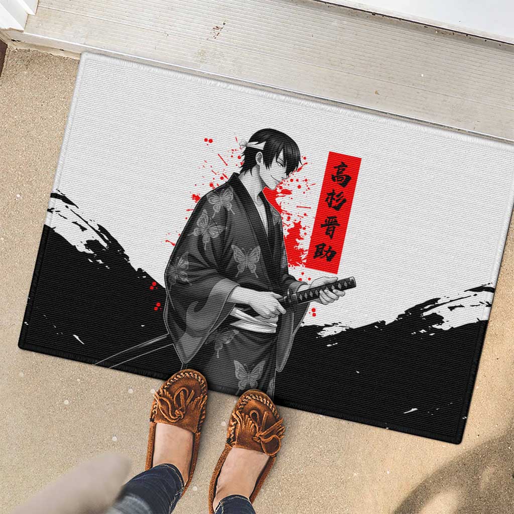 Shinsuke Takasugi Gintama Samurai Design Rubber Doormat with Katana, Red Calligraphy and Oni Mask Art - The Mazicc