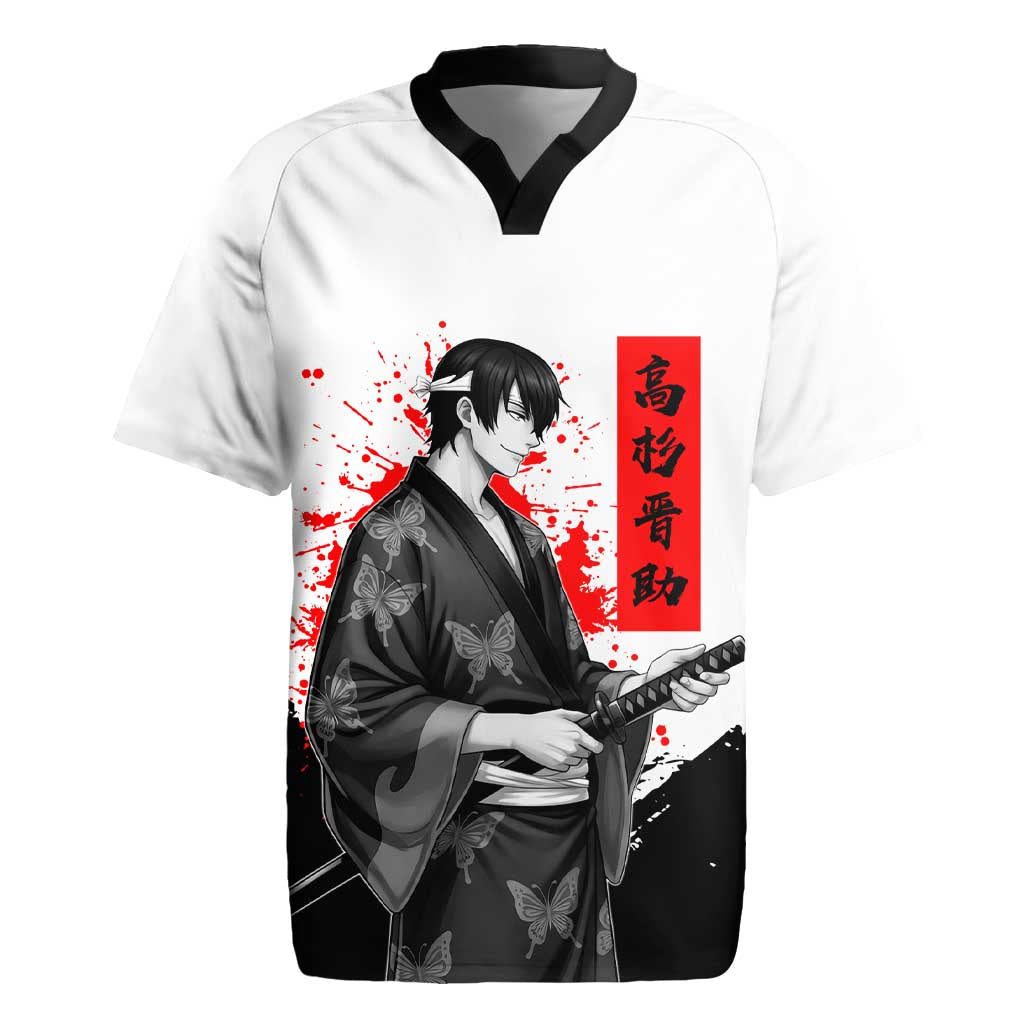 Shinsuke Takasugi Gintama Samurai Design Rugby Jersey with Katana, Red Calligraphy and Oni Mask Art - The Mazicc