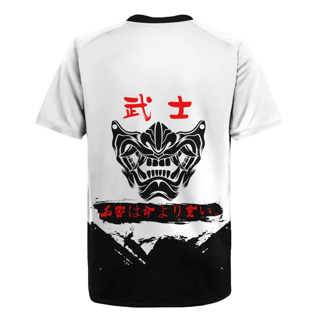 Shinsuke Takasugi Gintama Samurai Design Rugby Jersey with Katana, Red Calligraphy and Oni Mask Art - The Mazicc