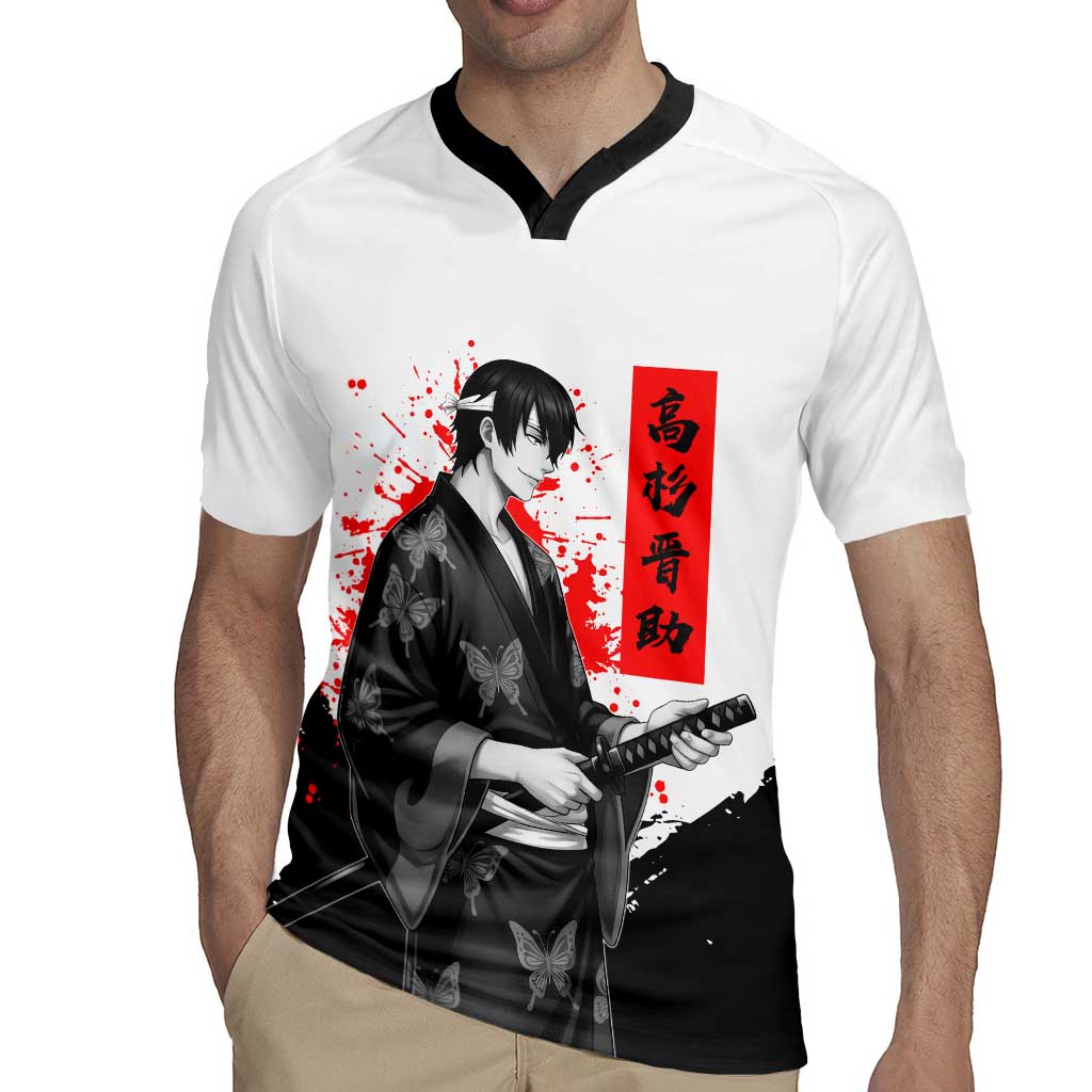 Shinsuke Takasugi Gintama Samurai Design Rugby Jersey with Katana, Red Calligraphy and Oni Mask Art - The Mazicc