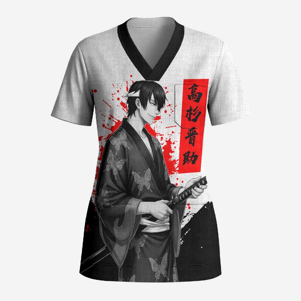 Shinsuke Takasugi Gintama Samurai Design Scrub Top with Katana, Red Calligraphy and Oni Mask Art - The Mazicc