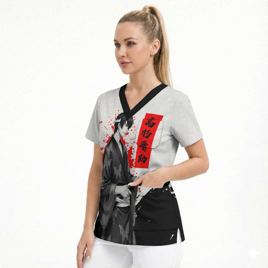Shinsuke Takasugi Gintama Samurai Design Scrub Top with Katana, Red Calligraphy and Oni Mask Art - The Mazicc