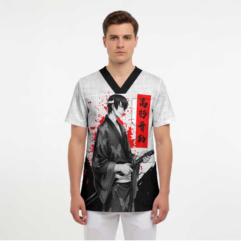 Shinsuke Takasugi Gintama Samurai Design Scrub Top with Katana, Red Calligraphy and Oni Mask Art - The Mazicc