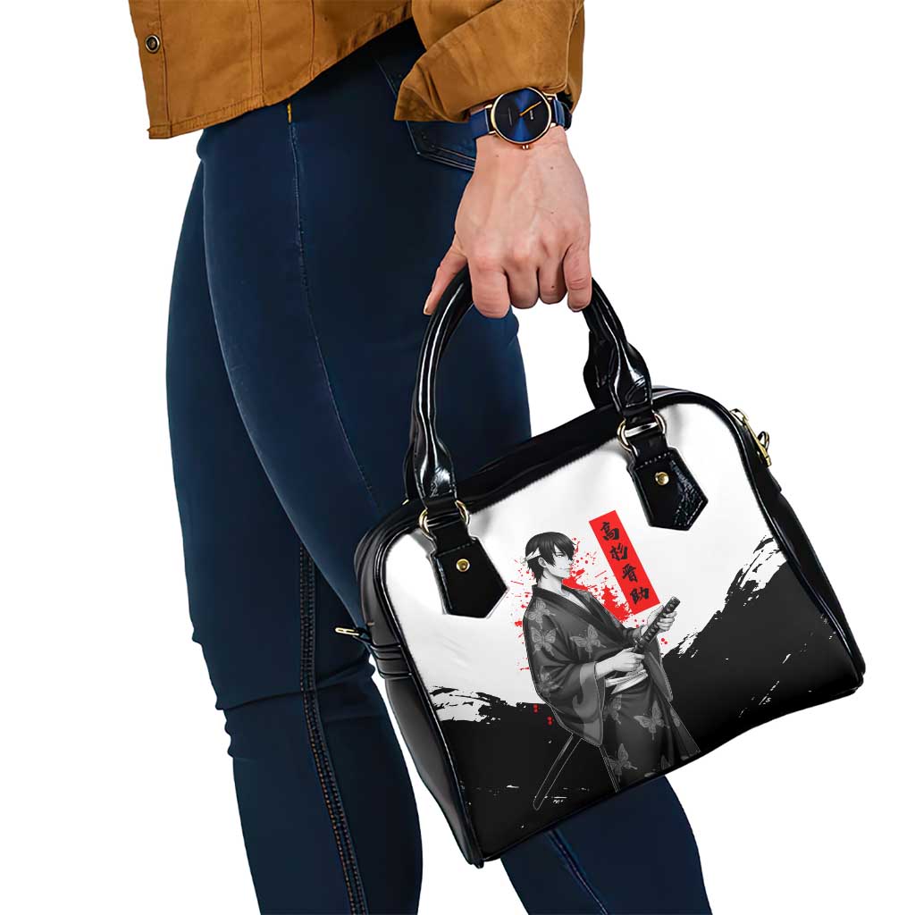Shinsuke Takasugi Gintama Samurai Design Shoulder Handbag with Katana, Red Calligraphy and Oni Mask Art - The Mazicc
