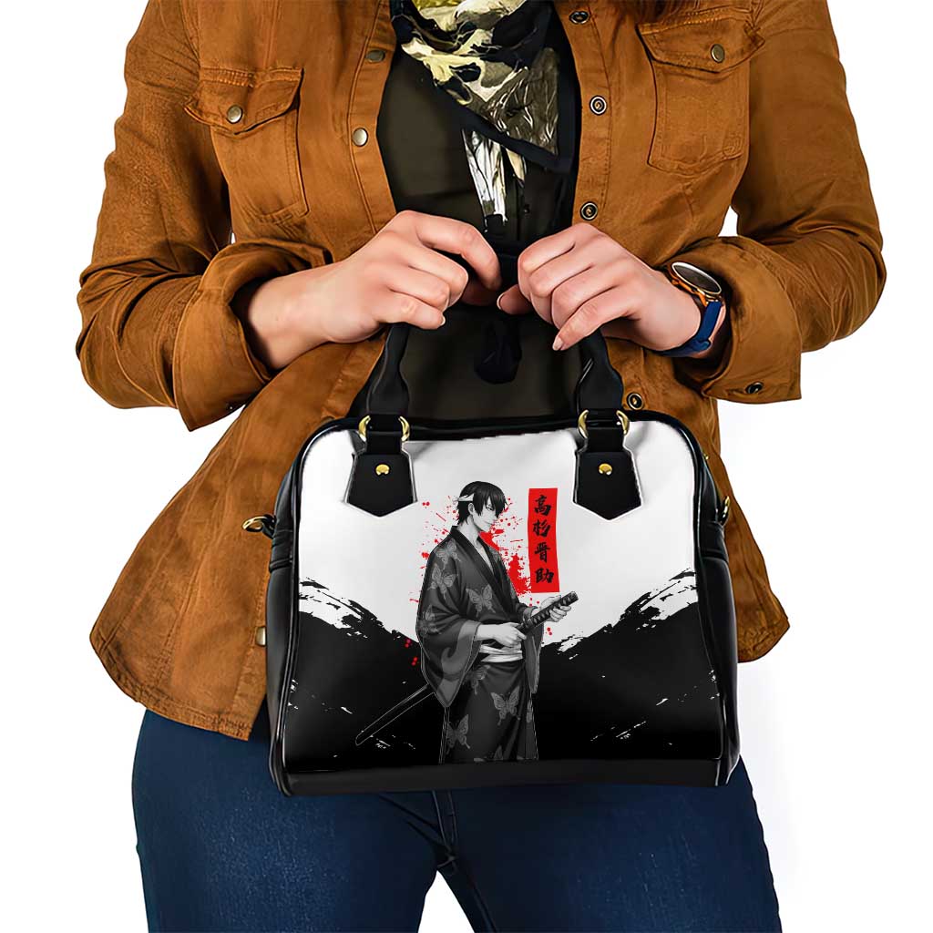 Shinsuke Takasugi Gintama Samurai Design Shoulder Handbag with Katana, Red Calligraphy and Oni Mask Art - The Mazicc