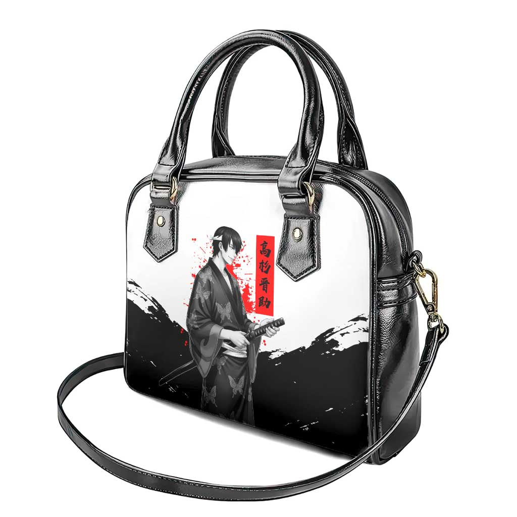 Shinsuke Takasugi Gintama Samurai Design Shoulder Handbag with Katana, Red Calligraphy and Oni Mask Art - The Mazicc