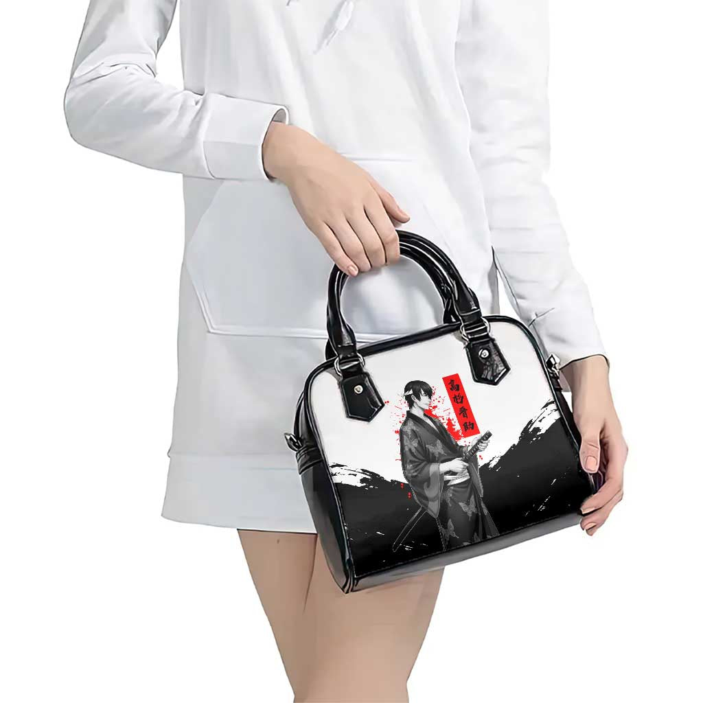 Shinsuke Takasugi Gintama Samurai Design Shoulder Handbag with Katana, Red Calligraphy and Oni Mask Art - The Mazicc
