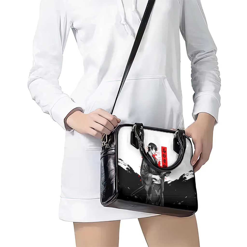 Shinsuke Takasugi Gintama Samurai Design Shoulder Handbag with Katana, Red Calligraphy and Oni Mask Art - The Mazicc