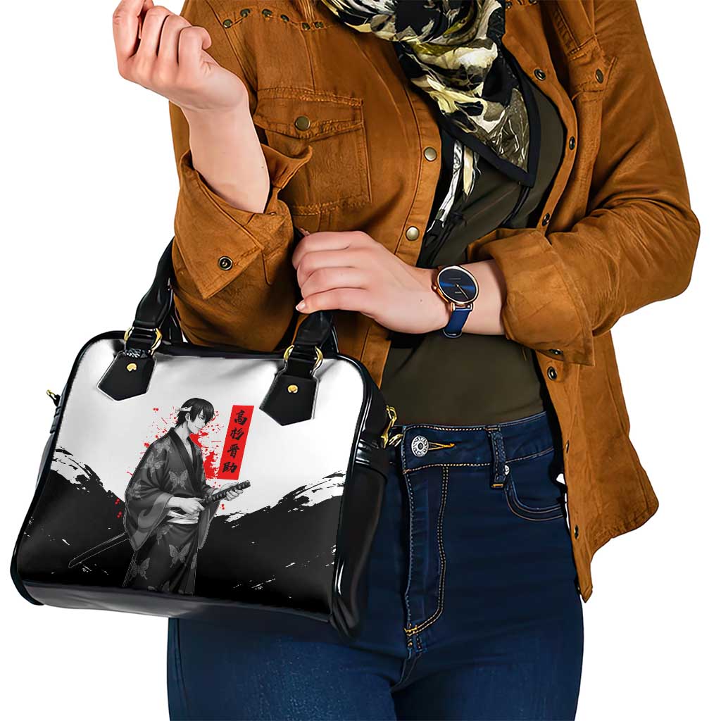 Shinsuke Takasugi Gintama Samurai Design Shoulder Handbag with Katana, Red Calligraphy and Oni Mask Art - The Mazicc
