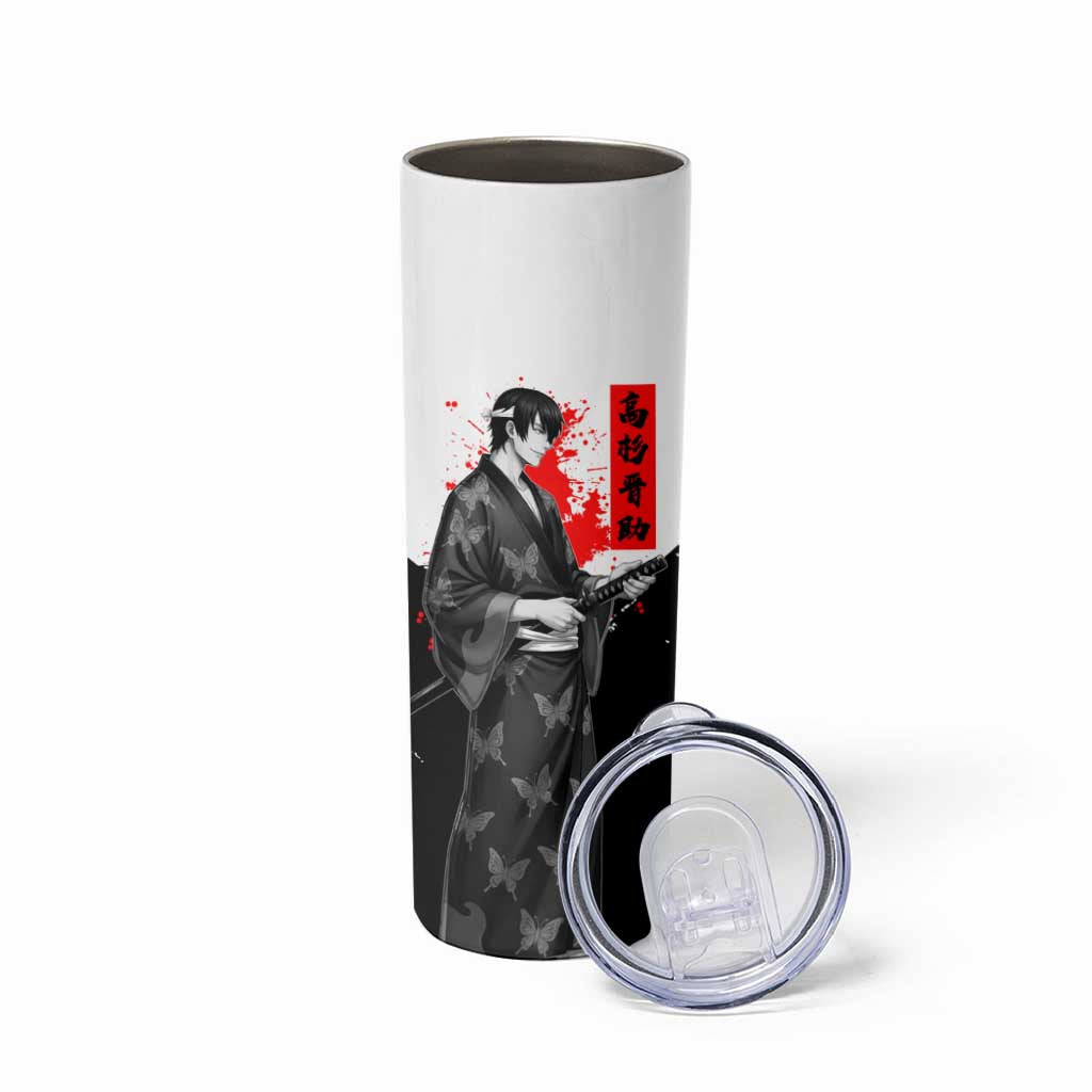 Shinsuke Takasugi Gintama Samurai Design Skinny Tumbler with Katana, Red Calligraphy and Oni Mask Art - The Mazicc