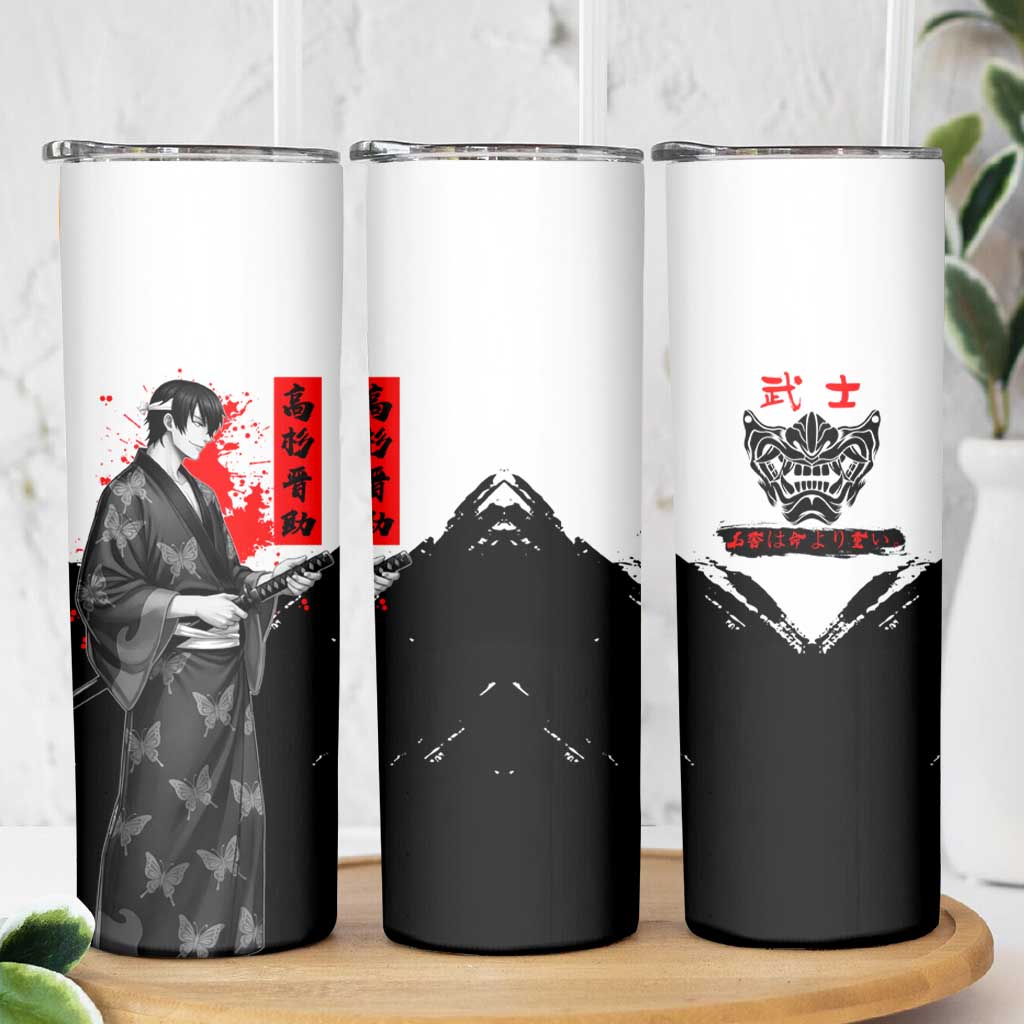 Shinsuke Takasugi Gintama Samurai Design Skinny Tumbler with Katana, Red Calligraphy and Oni Mask Art - The Mazicc