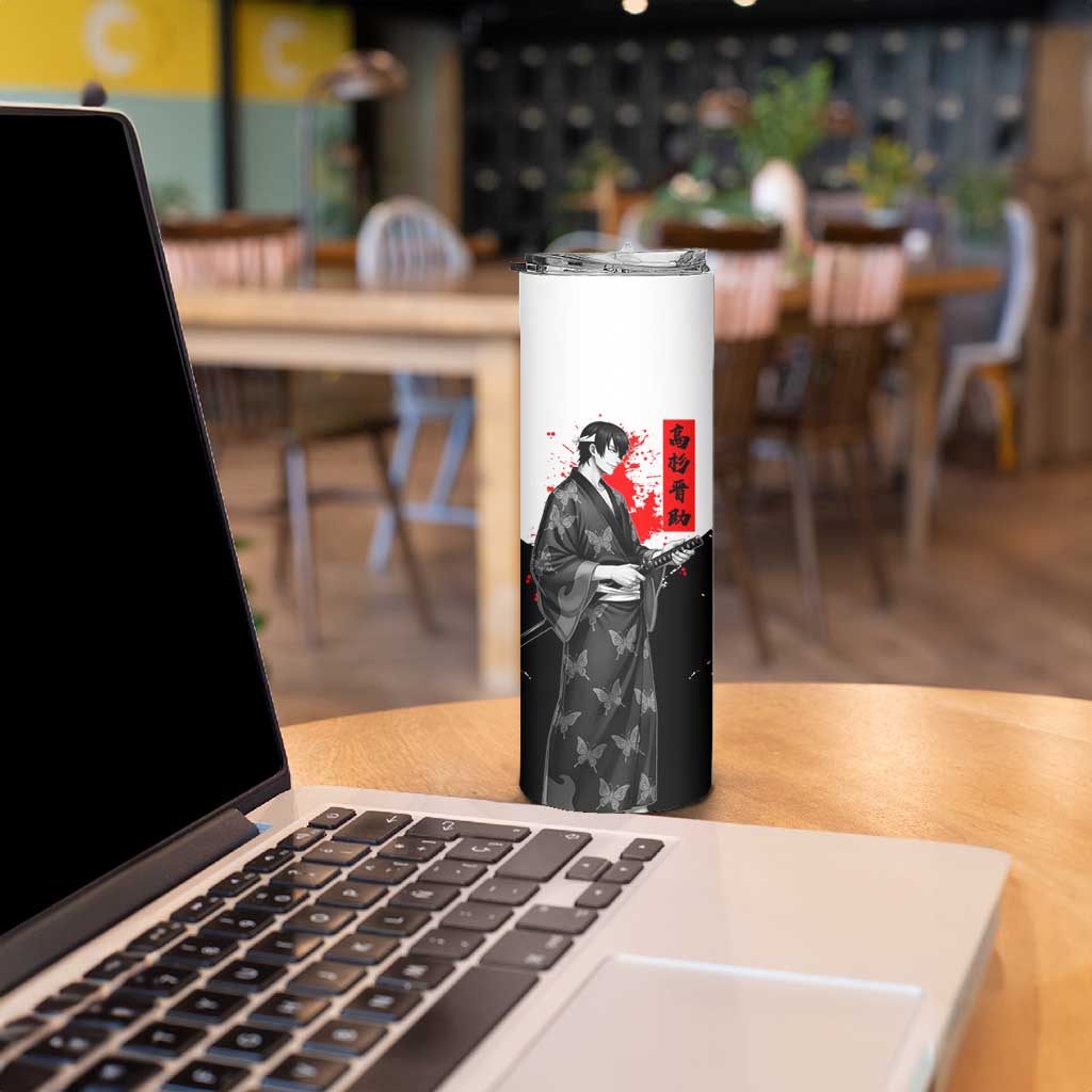 Shinsuke Takasugi Gintama Samurai Design Skinny Tumbler with Katana, Red Calligraphy and Oni Mask Art - The Mazicc