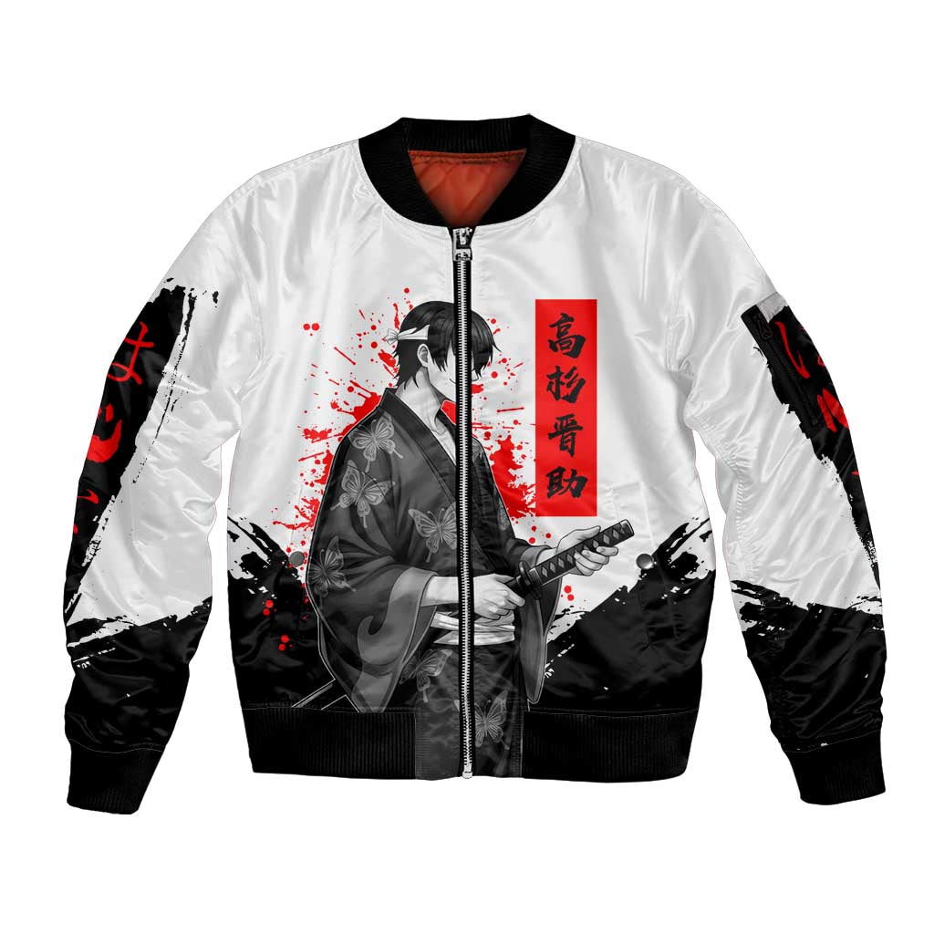 Shinsuke Takasugi Gintama Samurai Design Sleeve Zip Bomber Jacket with Katana, Red Calligraphy and Oni Mask Art - The Mazicc