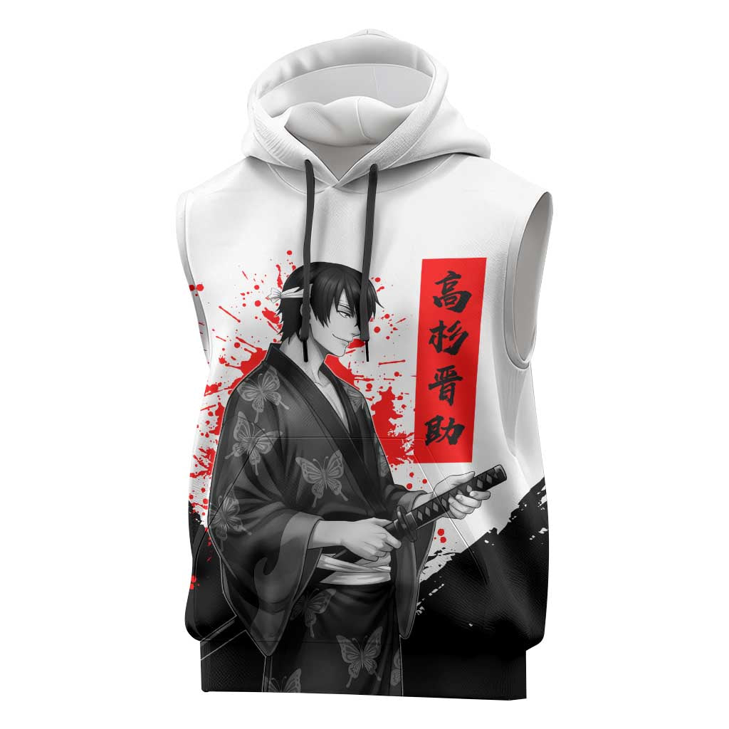 Shinsuke Takasugi Gintama Samurai Design Sleeveless Hoodie with Katana, Red Calligraphy and Oni Mask Art - The Mazicc
