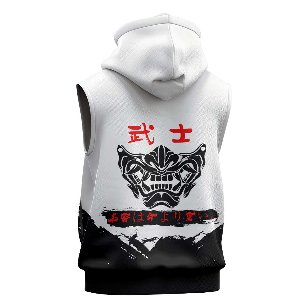 Shinsuke Takasugi Gintama Samurai Design Sleeveless Hoodie with Katana, Red Calligraphy and Oni Mask Art - The Mazicc