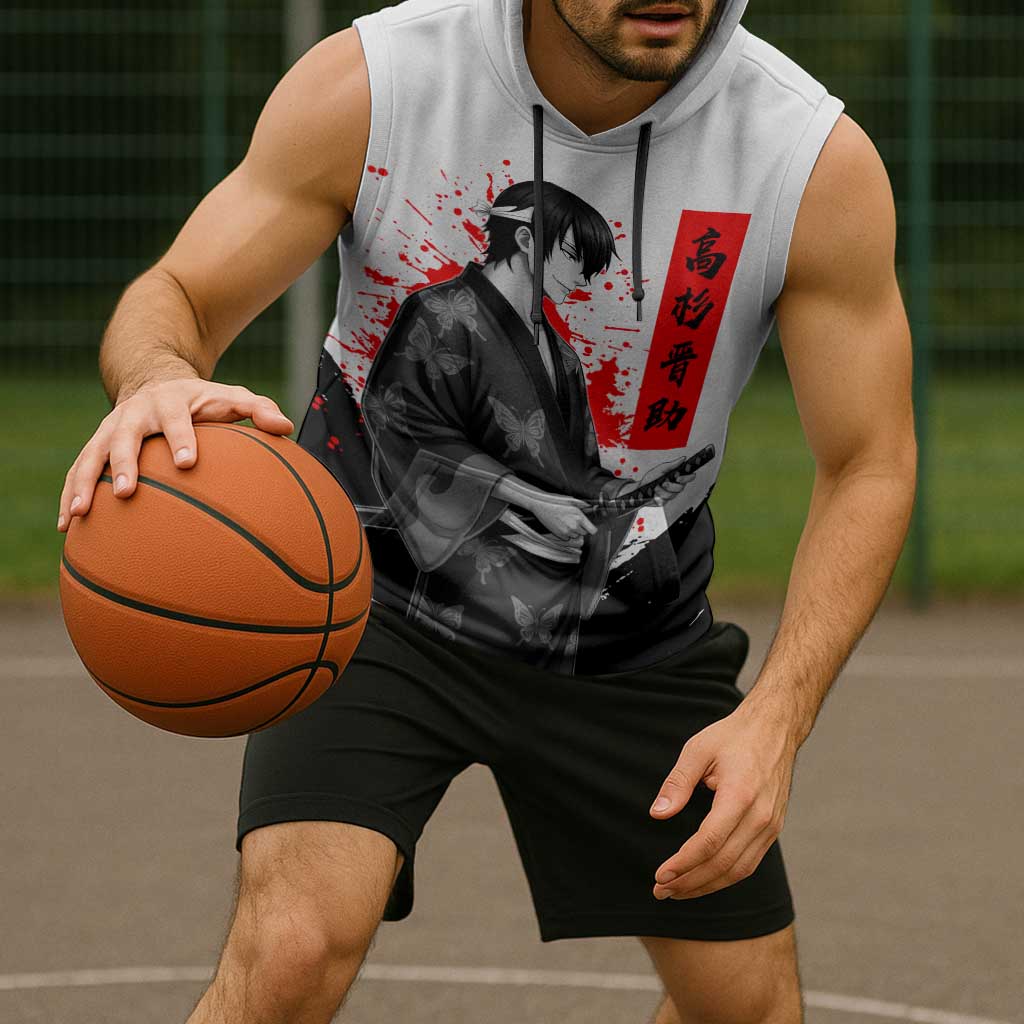 Shinsuke Takasugi Gintama Samurai Design Sleeveless Hoodie with Katana, Red Calligraphy and Oni Mask Art - The Mazicc