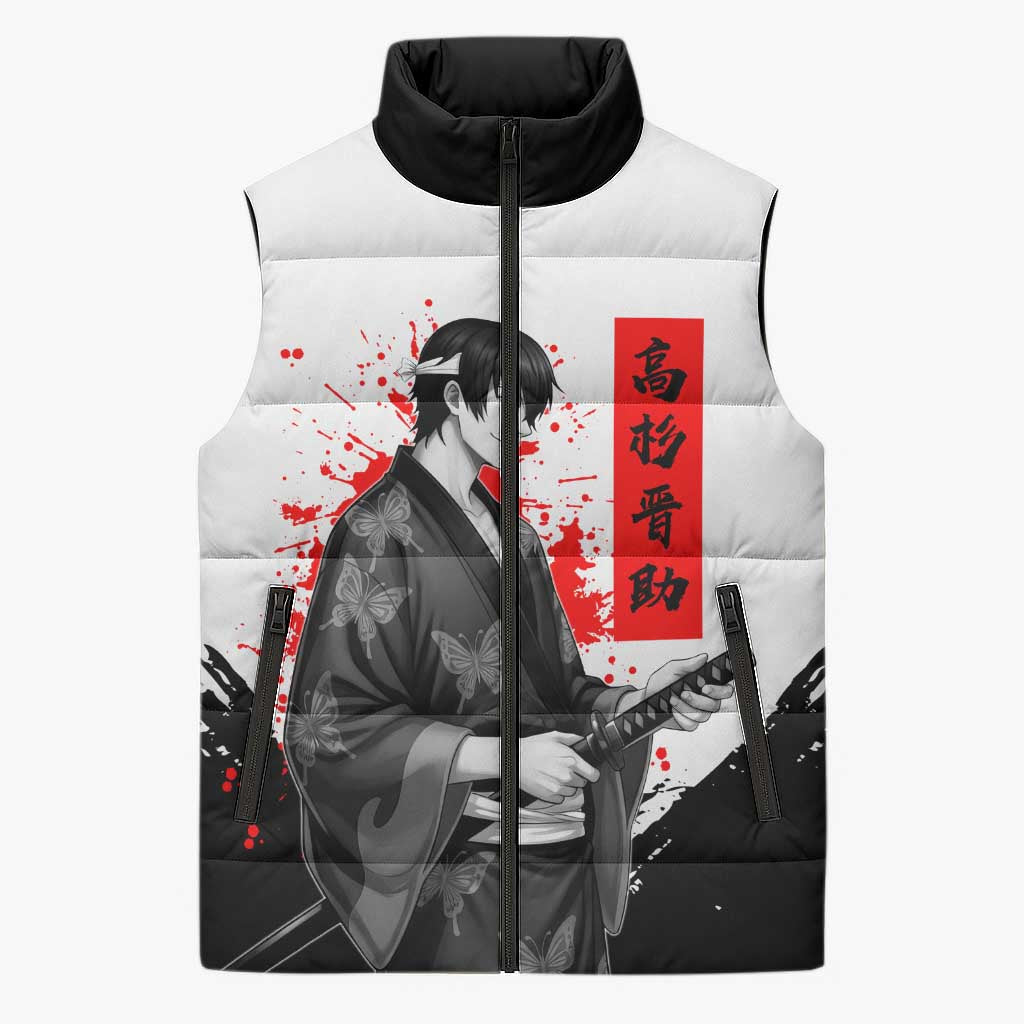 Shinsuke Takasugi Gintama Samurai Design Sleeveless Puffer Jacket with Katana, Red Calligraphy and Oni Mask Art - The Mazicc