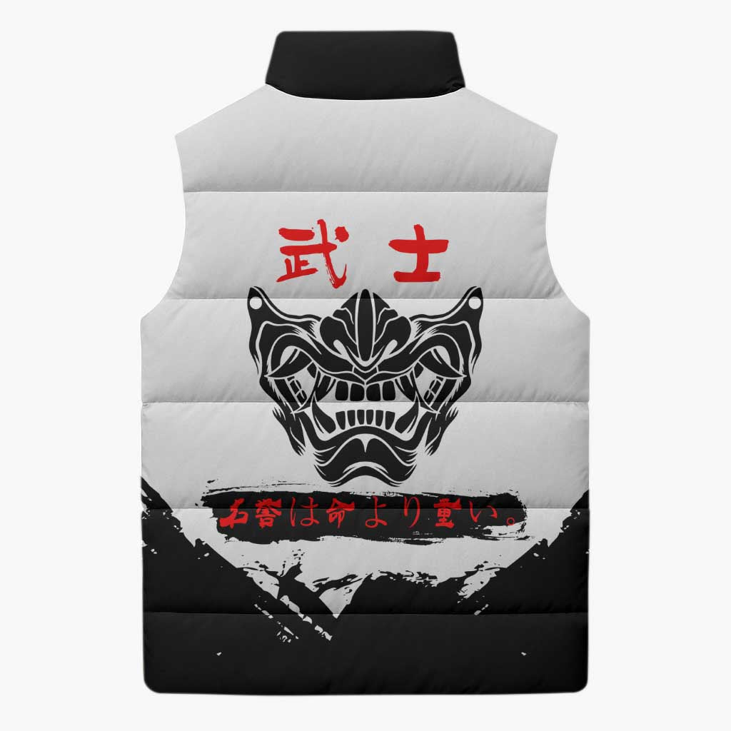 Shinsuke Takasugi Gintama Samurai Design Sleeveless Puffer Jacket with Katana, Red Calligraphy and Oni Mask Art - The Mazicc