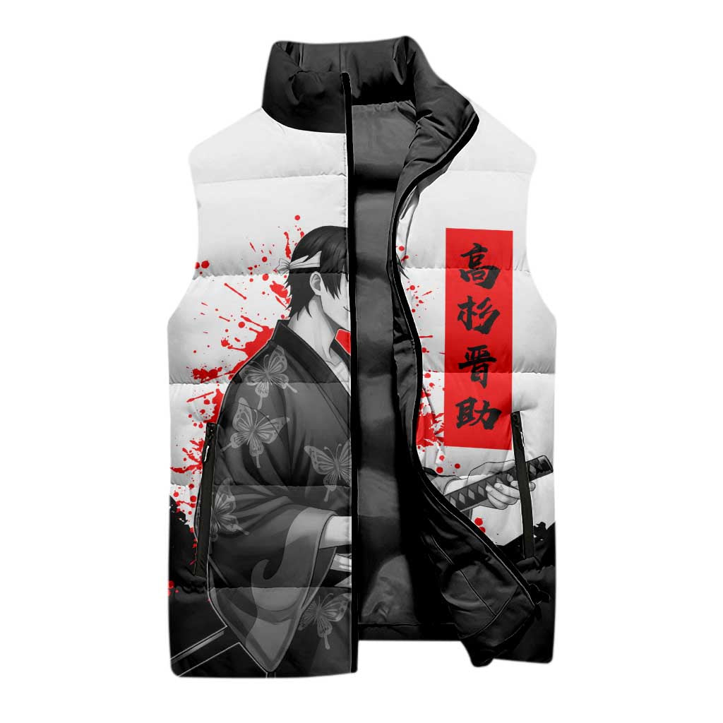 Shinsuke Takasugi Gintama Samurai Design Sleeveless Puffer Jacket with Katana, Red Calligraphy and Oni Mask Art - The Mazicc