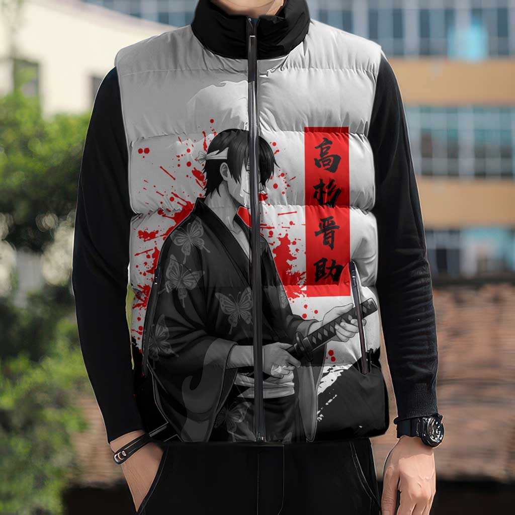 Shinsuke Takasugi Gintama Samurai Design Sleeveless Puffer Jacket with Katana, Red Calligraphy and Oni Mask Art - The Mazicc
