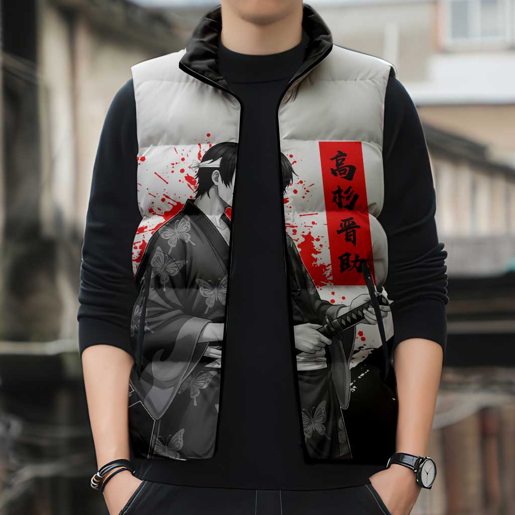 Shinsuke Takasugi Gintama Samurai Design Sleeveless Puffer Jacket with Katana, Red Calligraphy and Oni Mask Art - The Mazicc