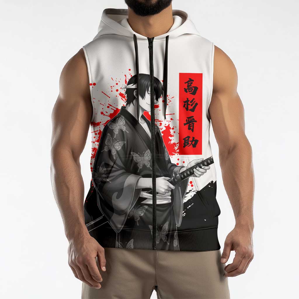 Shinsuke Takasugi Gintama Samurai Design Sleeveless Zip Hoodie with Katana, Red Calligraphy and Oni Mask Art - The Mazicc
