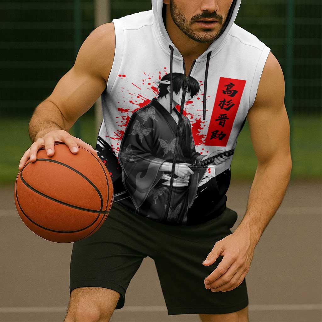 Shinsuke Takasugi Gintama Samurai Design Sleeveless Zip Hoodie with Katana, Red Calligraphy and Oni Mask Art - The Mazicc