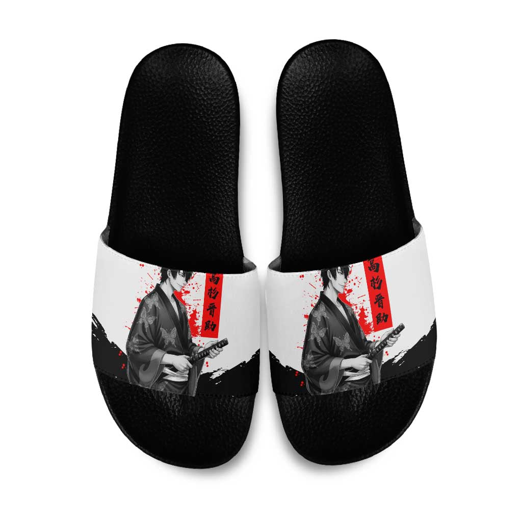 Shinsuke Takasugi Gintama Samurai Design Slide Sandals with Katana, Red Calligraphy and Oni Mask Art - The Mazicc