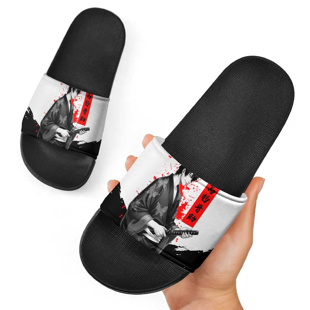 Shinsuke Takasugi Gintama Samurai Design Slide Sandals with Katana, Red Calligraphy and Oni Mask Art - The Mazicc