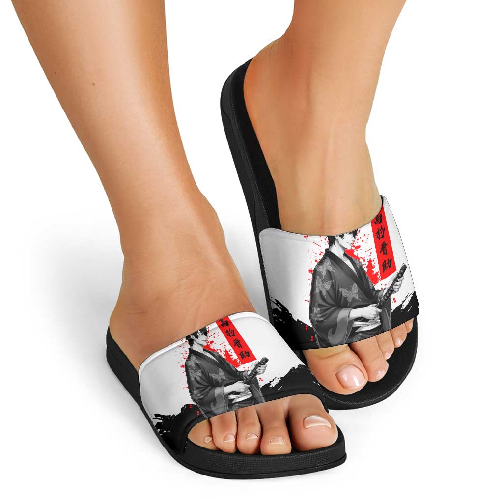 Shinsuke Takasugi Gintama Samurai Design Slide Sandals with Katana, Red Calligraphy and Oni Mask Art - The Mazicc