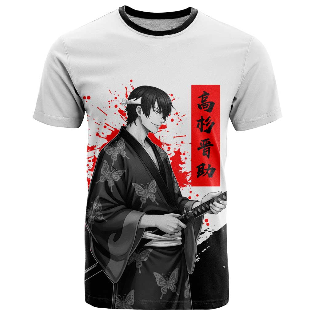 Shinsuke Takasugi Gintama Samurai Design T Shirt with Katana, Red Calligraphy and Oni Mask Art - The Mazicc