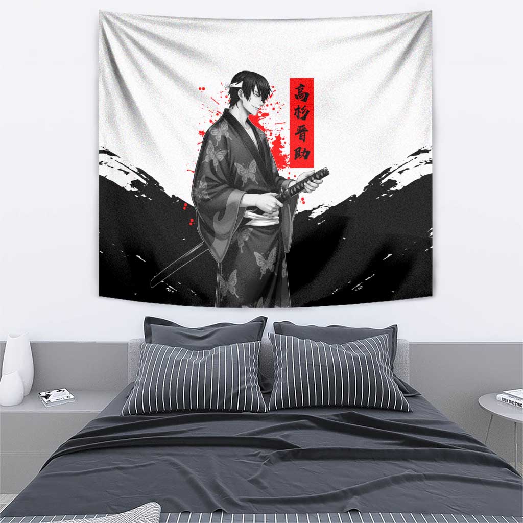 Shinsuke Takasugi Gintama Samurai Design Tapestry with Katana, Red Calligraphy and Oni Mask Art - The Mazicc