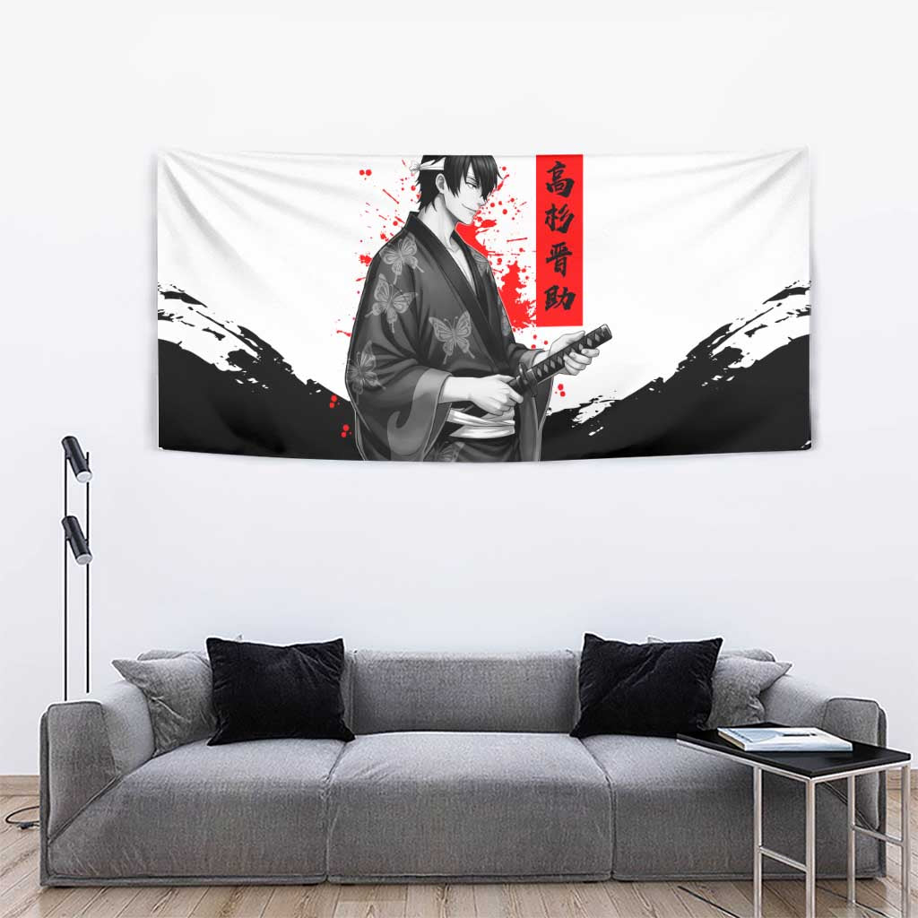 Shinsuke Takasugi Gintama Samurai Design Tapestry with Katana, Red Calligraphy and Oni Mask Art - The Mazicc
