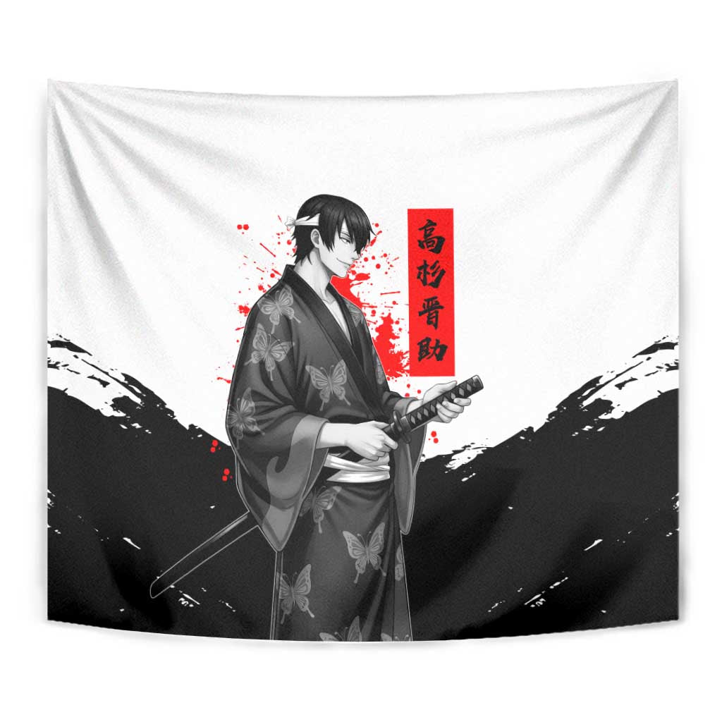 Shinsuke Takasugi Gintama Samurai Design Tapestry with Katana, Red Calligraphy and Oni Mask Art - The Mazicc