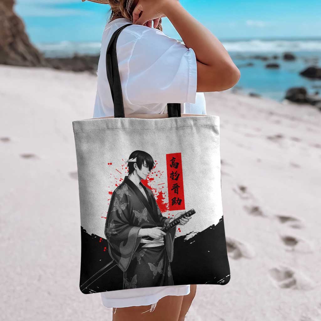 Shinsuke Takasugi Gintama Samurai Design Tote Bag with Katana, Red Calligraphy and Oni Mask Art - The Mazicc