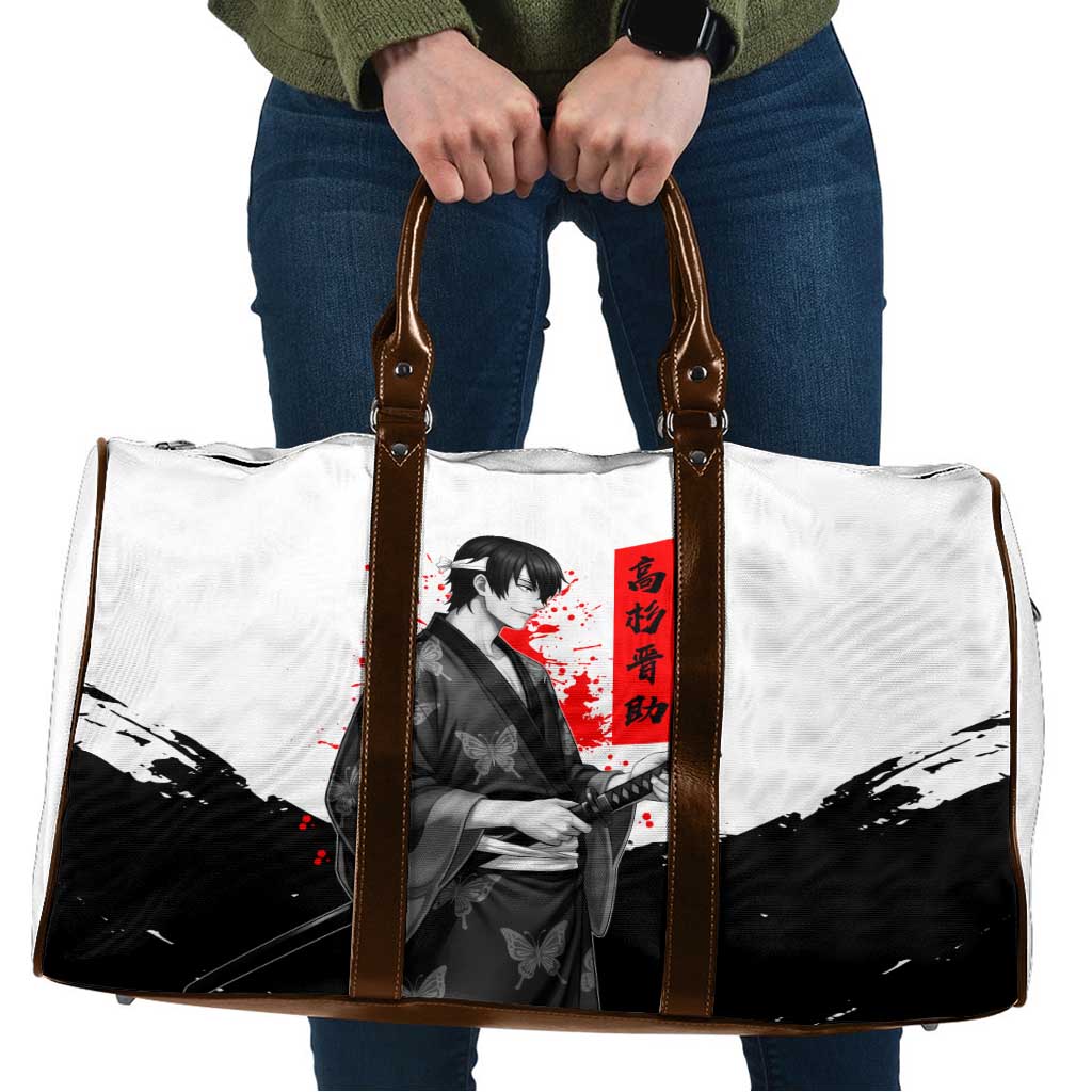 Shinsuke Takasugi Gintama Samurai Design Travel Bag with Katana, Red Calligraphy and Oni Mask Art - The Mazicc