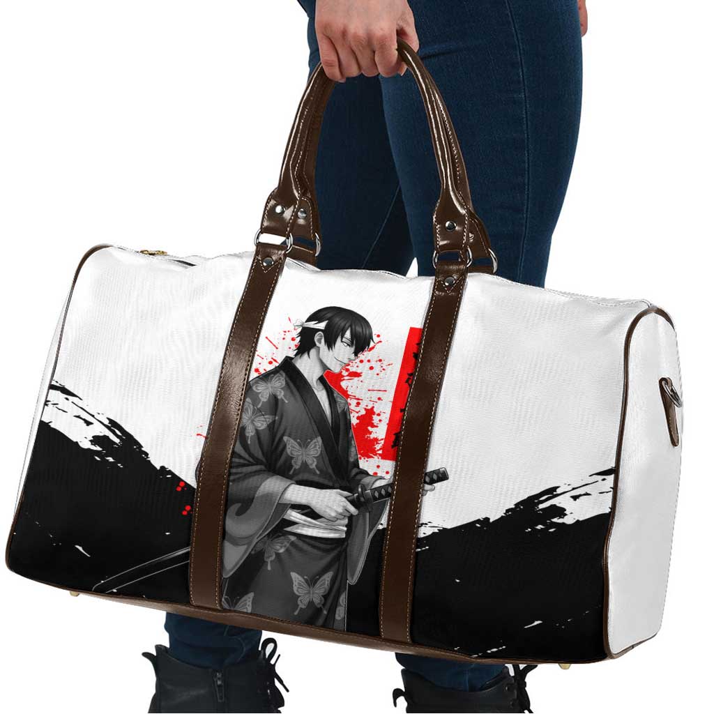 Shinsuke Takasugi Gintama Samurai Design Travel Bag with Katana, Red Calligraphy and Oni Mask Art - The Mazicc