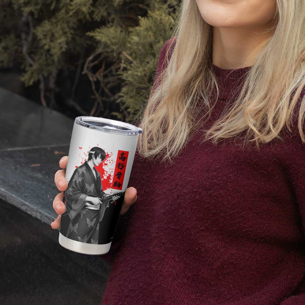 Shinsuke Takasugi Gintama Samurai Design Tumbler Cup with Katana, Red Calligraphy and Oni Mask Art - The Mazicc