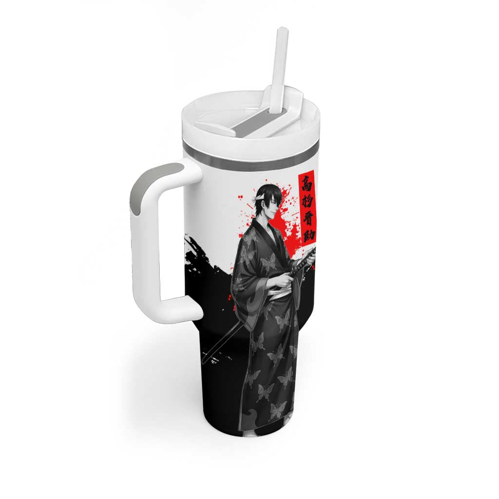 Shinsuke Takasugi Gintama Samurai Design Tumbler With Handle with Katana, Red Calligraphy and Oni Mask Art - The Mazicc