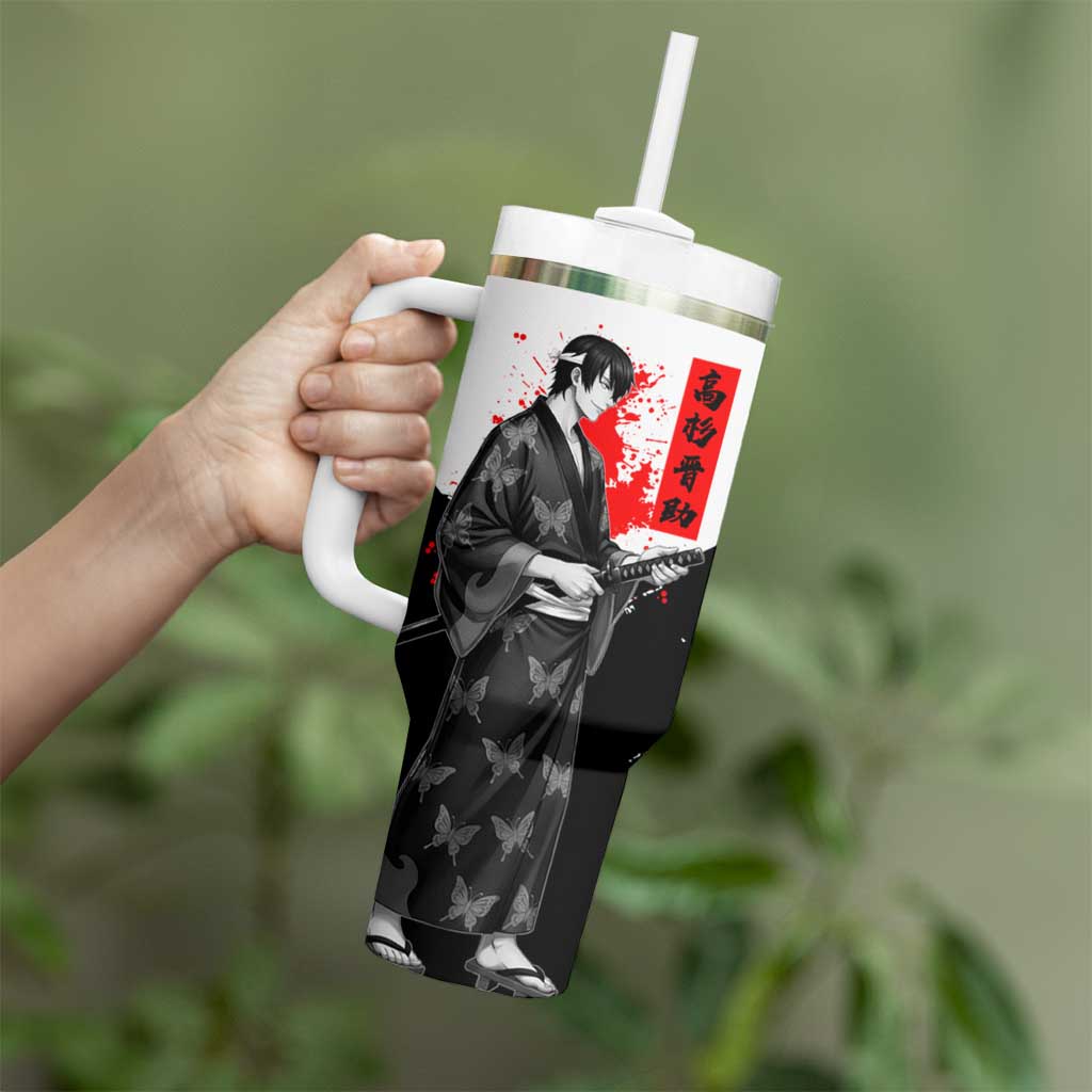 Shinsuke Takasugi Gintama Samurai Design Tumbler With Handle with Katana, Red Calligraphy and Oni Mask Art - The Mazicc