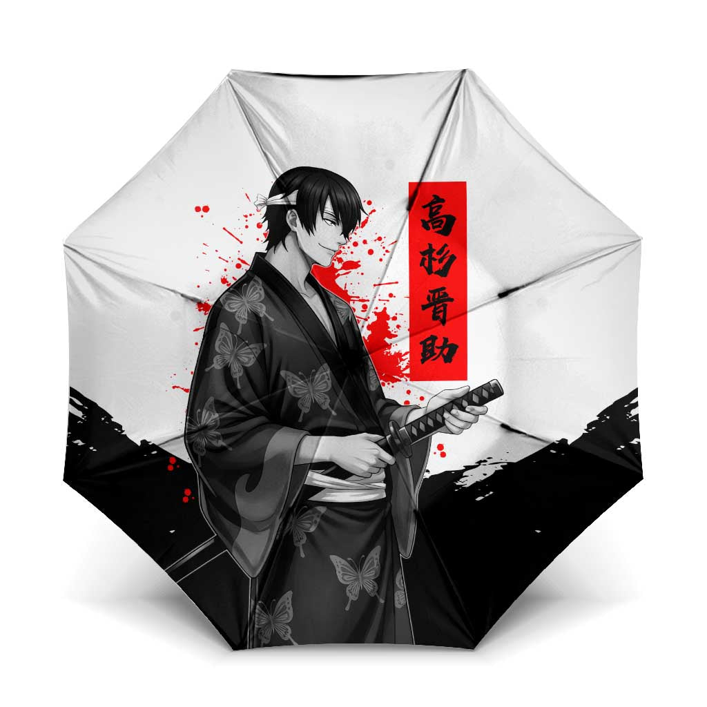 Shinsuke Takasugi Gintama Samurai Design Umbrella with Katana, Red Calligraphy and Oni Mask Art - The Mazicc