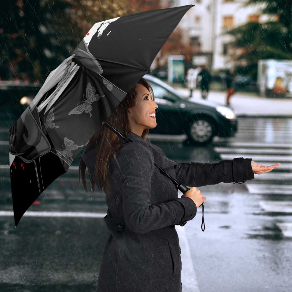 Shinsuke Takasugi Gintama Samurai Design Umbrella with Katana, Red Calligraphy and Oni Mask Art - The Mazicc