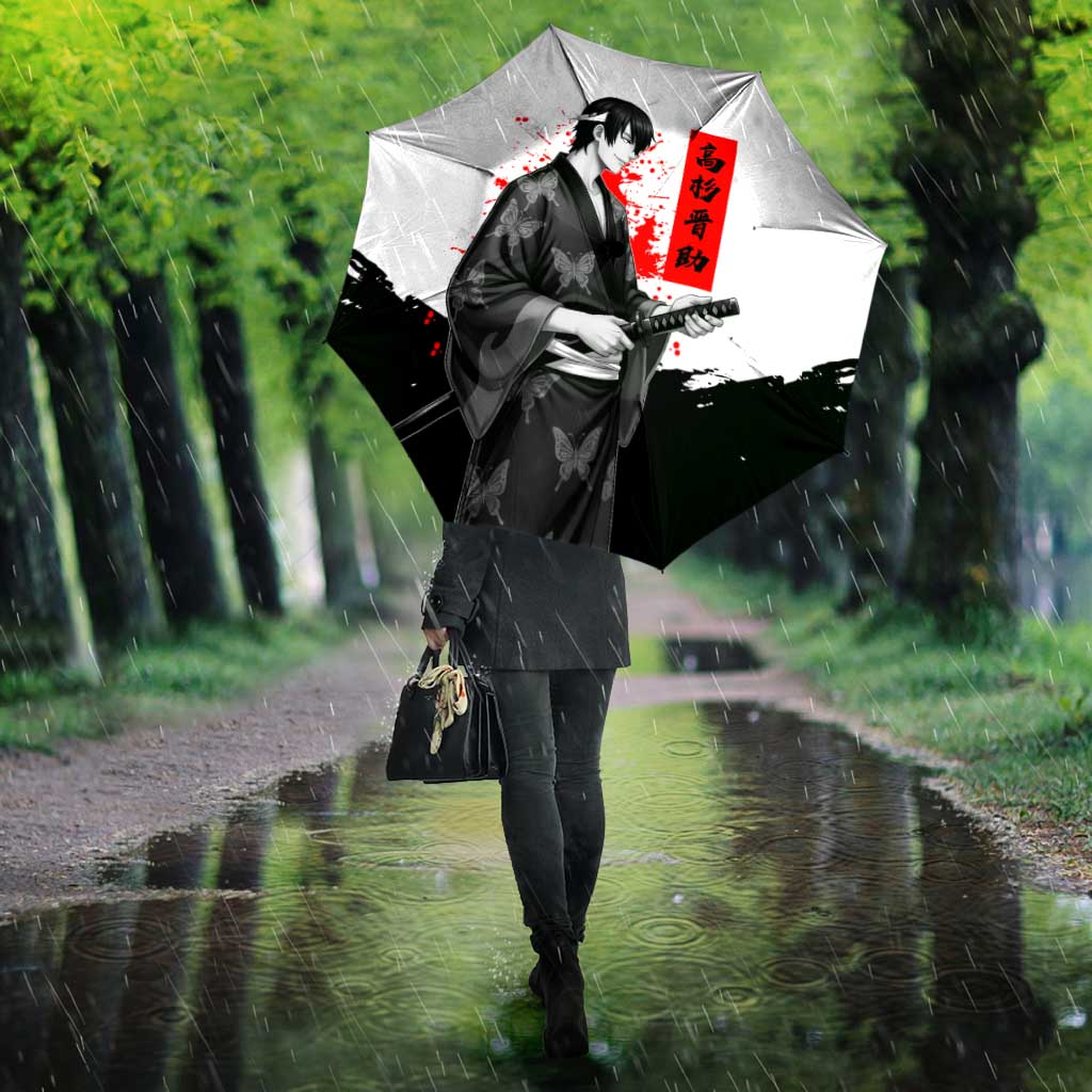 Shinsuke Takasugi Gintama Samurai Design Umbrella with Katana, Red Calligraphy and Oni Mask Art - The Mazicc