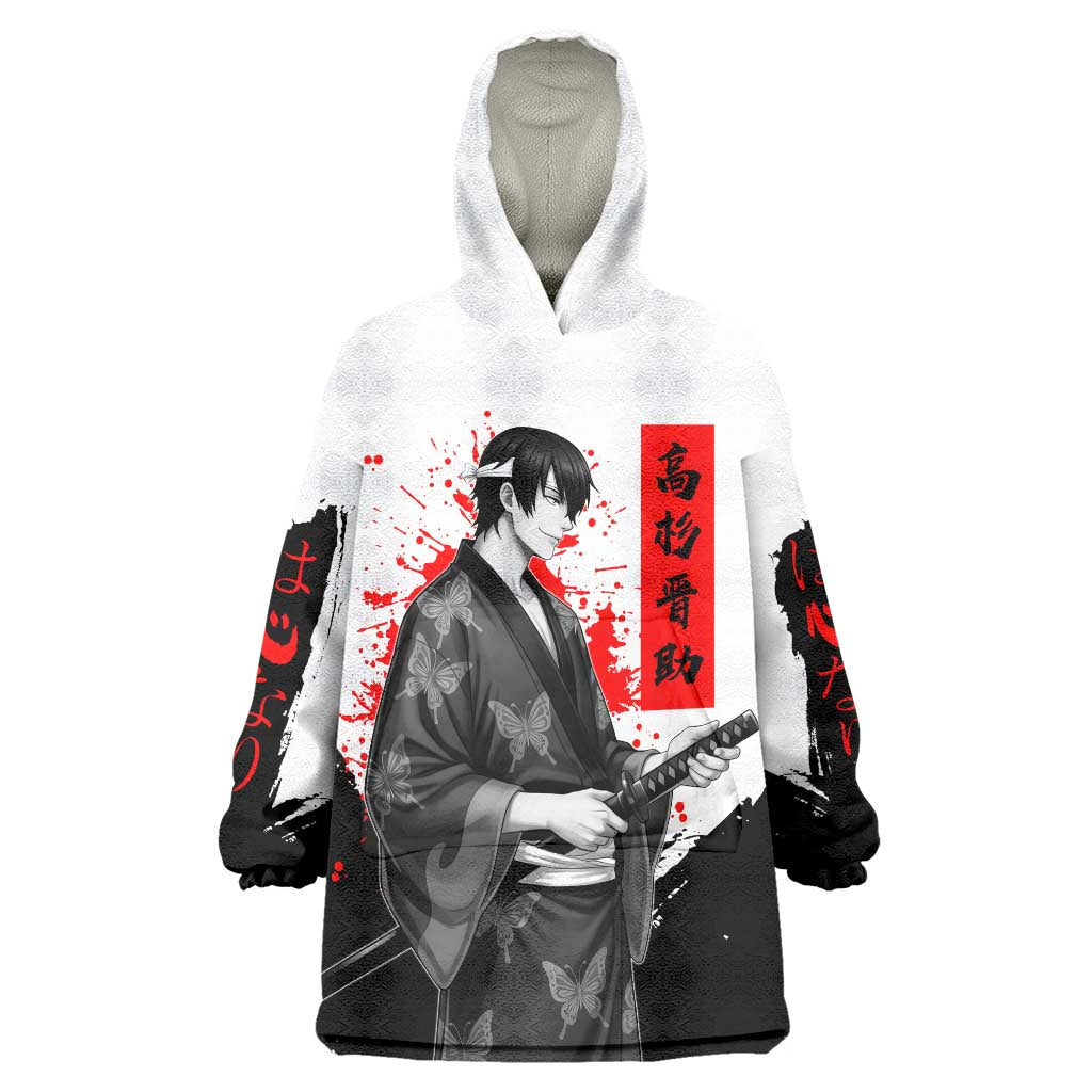 Shinsuke Takasugi Gintama Samurai Design Wearable Blanket Hoodie with Katana, Red Calligraphy and Oni Mask Art - The Mazicc