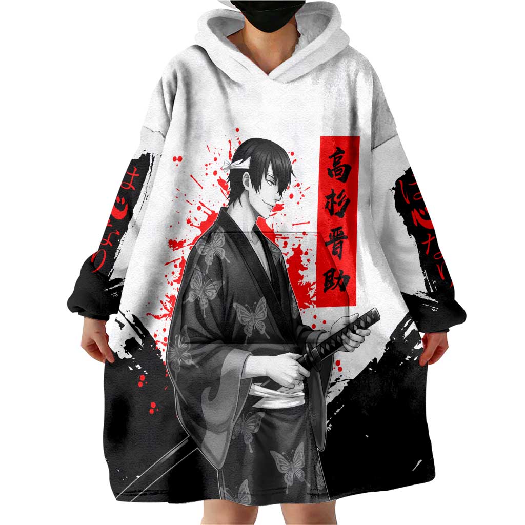 Shinsuke Takasugi Gintama Samurai Design Wearable Blanket Hoodie with Katana, Red Calligraphy and Oni Mask Art - The Mazicc