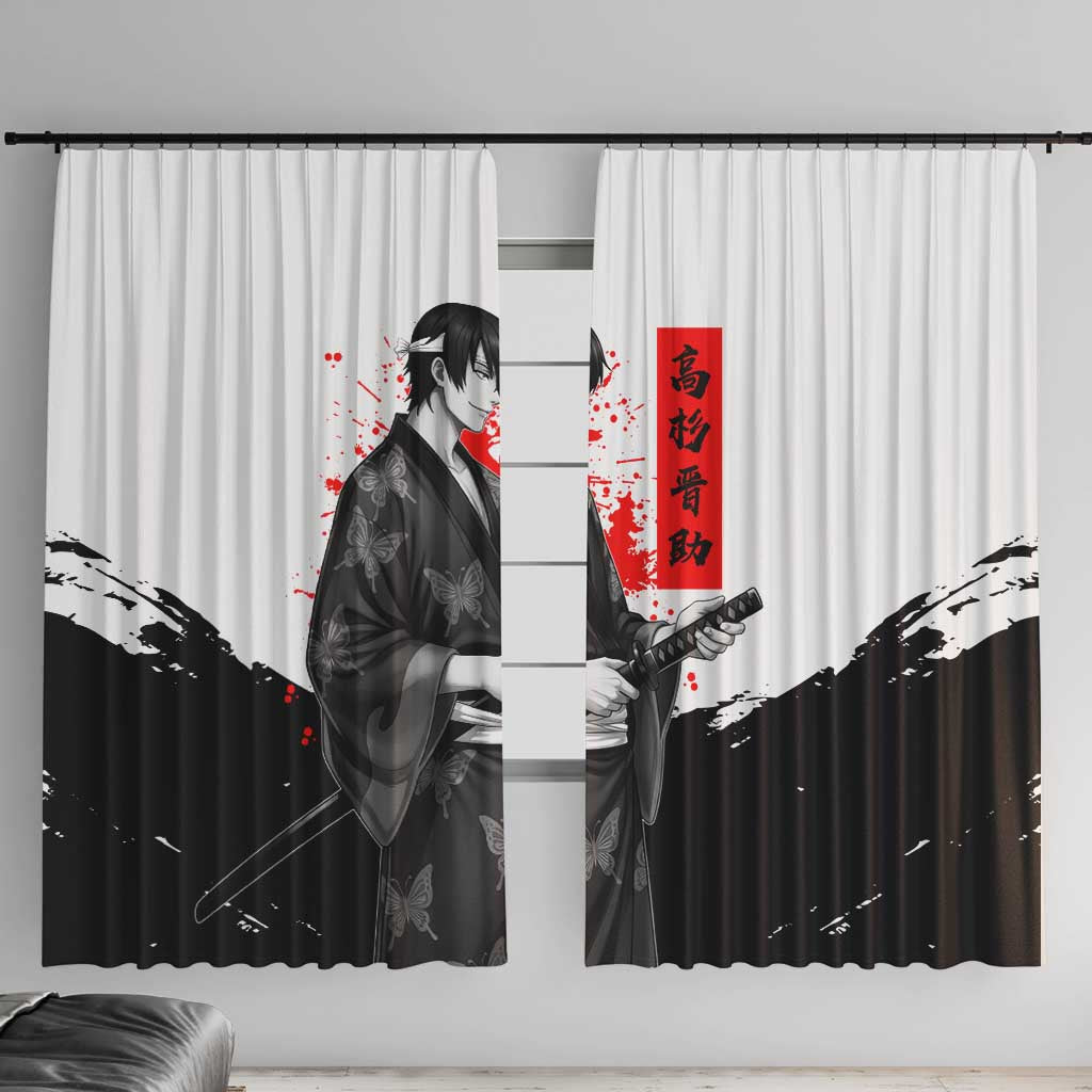 Shinsuke Takasugi Gintama Samurai Design Window Curtain with Katana, Red Calligraphy and Oni Mask Art - The Mazicc