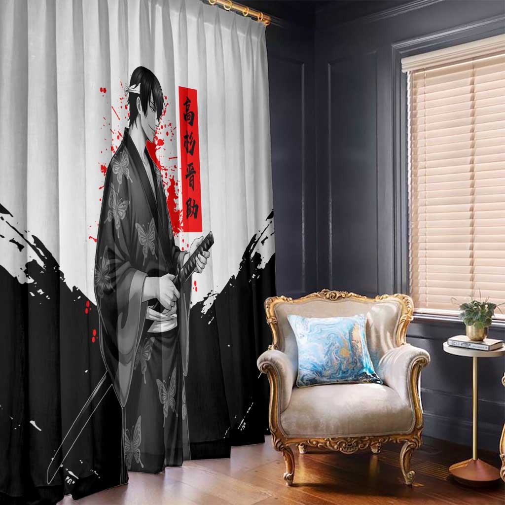 Shinsuke Takasugi Gintama Samurai Design Window Curtain with Katana, Red Calligraphy and Oni Mask Art - The Mazicc